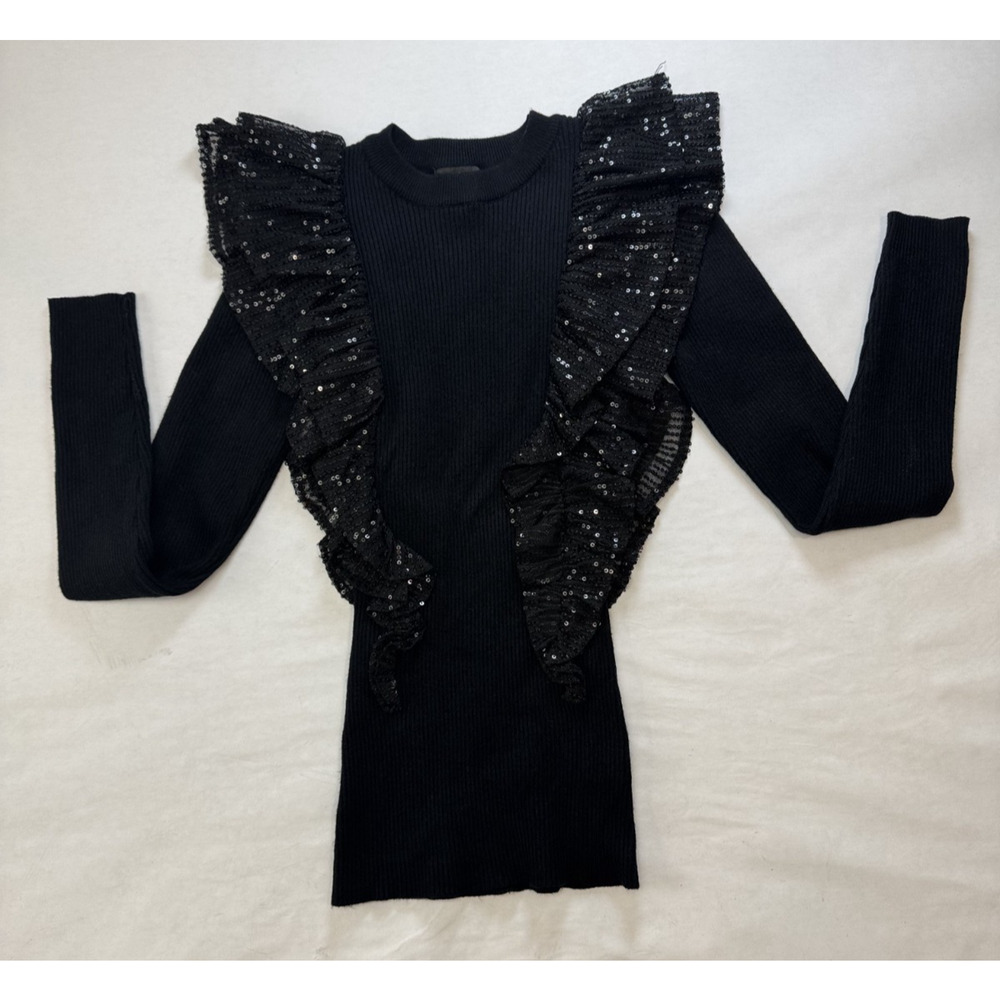 EUC Cache Ruffle Sequin Sweater Ribbed Fairy Lace Gothic Whimsigoth Black XXS